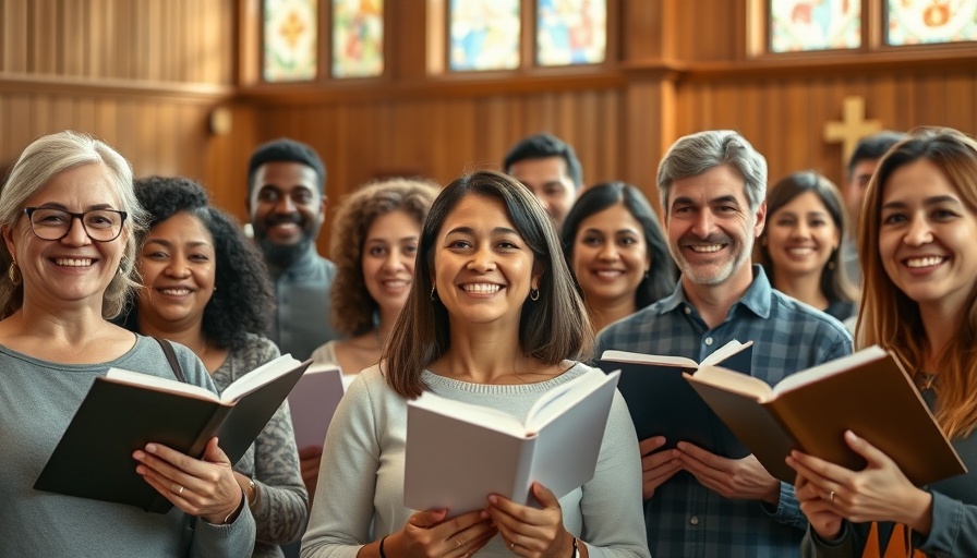 Group celebrating Tyndale's Bible Legacy with booklets in a church.