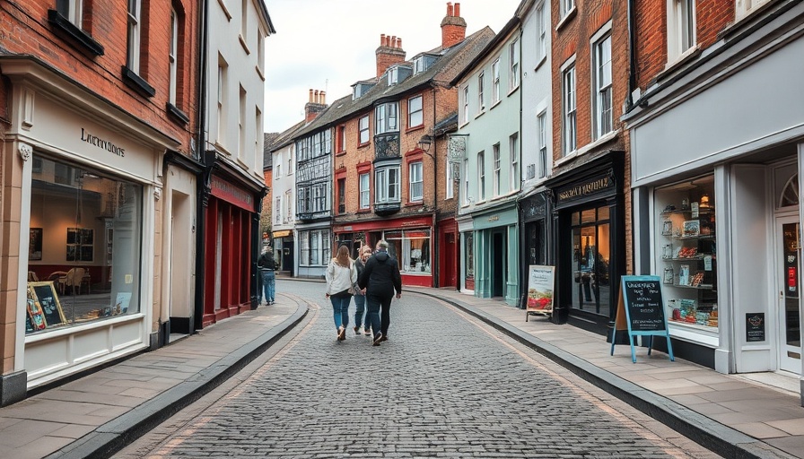 View of Monnow Street in Wales with shops and few pedestrians.