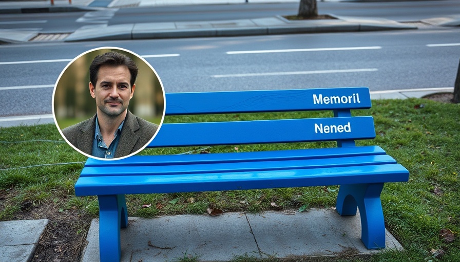 Travis Powell memorial bench in Newport with smiling man's inset.