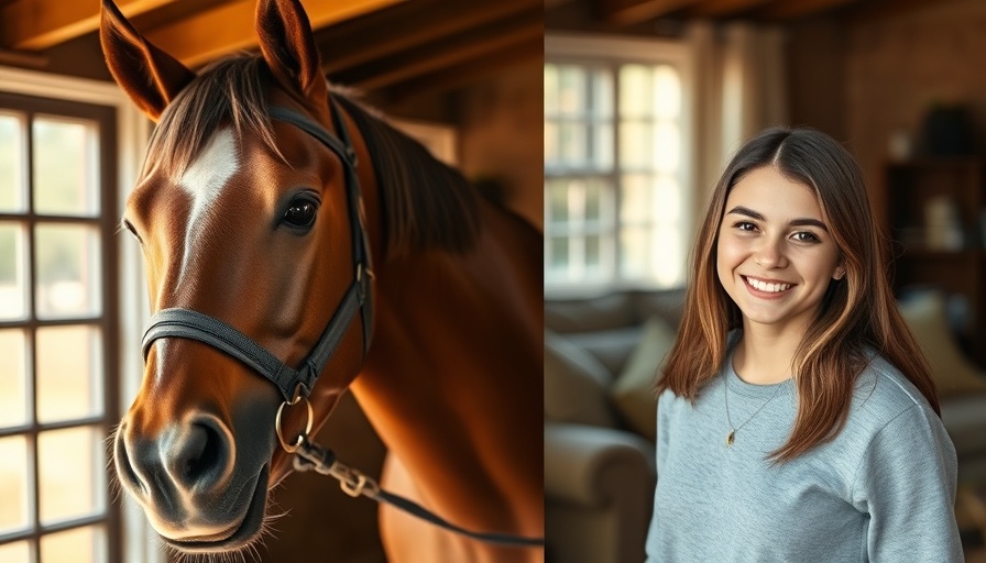 Smiling man with horse and young woman indoors