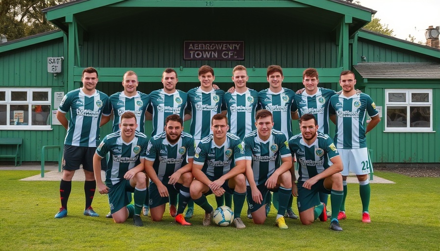 Abergavenny Town FC team in blue kits pose after match draw