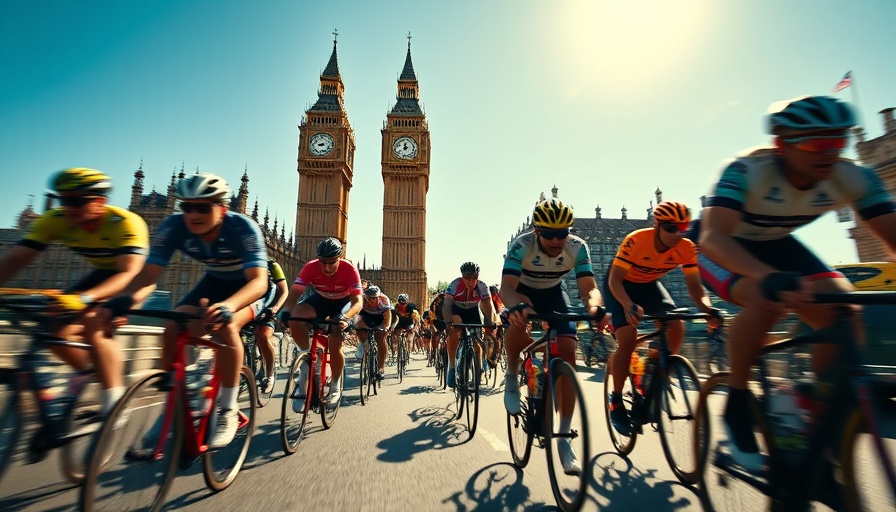 Tour de France cyclists in front of Big Ben on a sunny day.