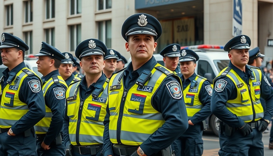 Police officers managing Epping protest violence outside urban building.