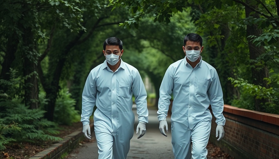 Forensic investigators on a wooded path after crime scene.