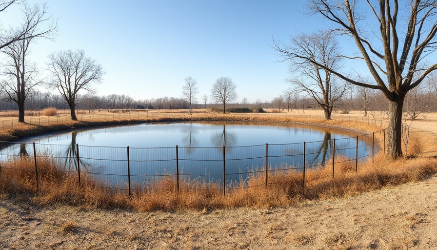 Tranquil fenced pond area for breeding swans protection.