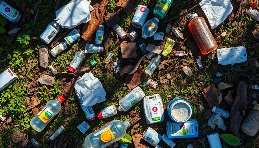 Assorted litter on forest floor during community cleanup