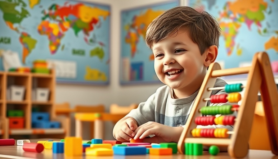 Young boy learning with blocks and abacus in classroom.