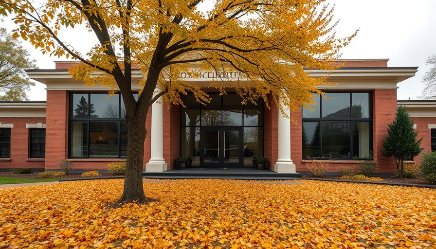 Courthouse entrance in autumn with fallen leaves.