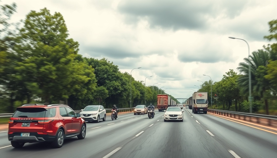 Vehicles on M4 highway in Gwent amidst green trees and cloudy sky.