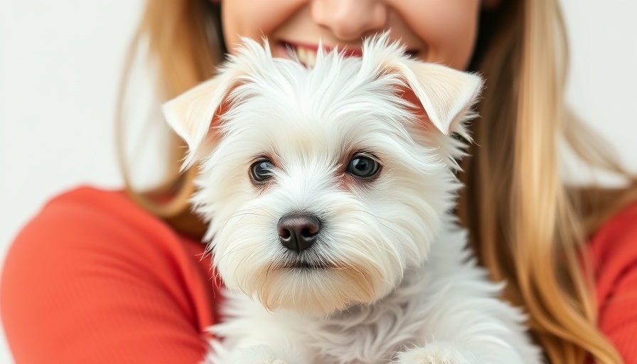 Blonde woman holding a white terrier, smiling close-up