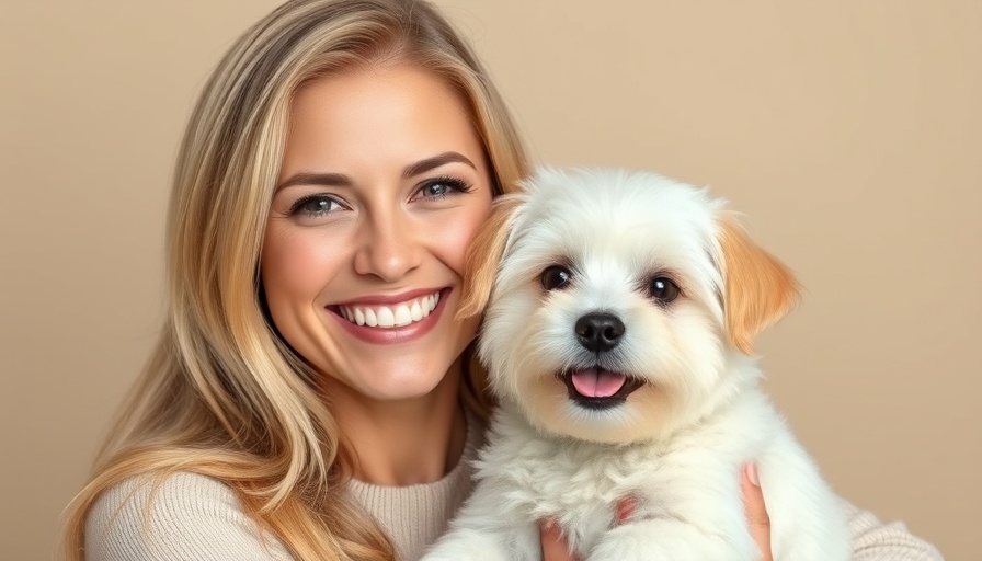Blonde woman and small white dog smiling closely together.