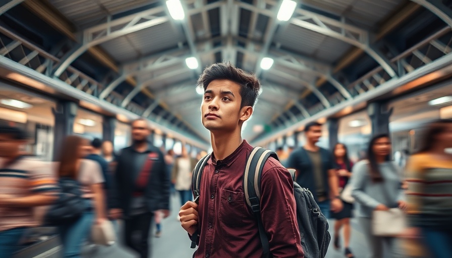 Modern Stoic Dilemma: a man stands still in a bustling walkway under bright lights.