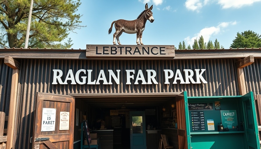Entrance to Raglan Farm Park with activity details displayed.