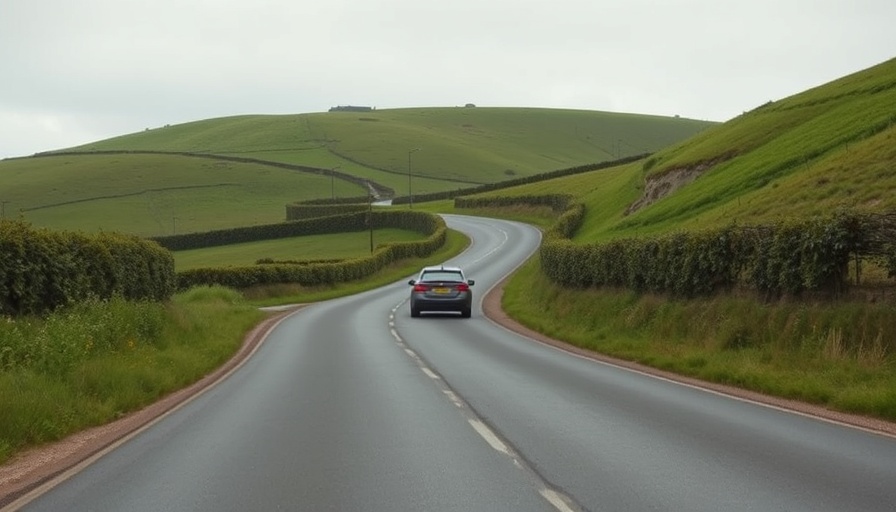 Curvy rural road A4136 with vehicle, lush hills, pedestrian death Staunton.