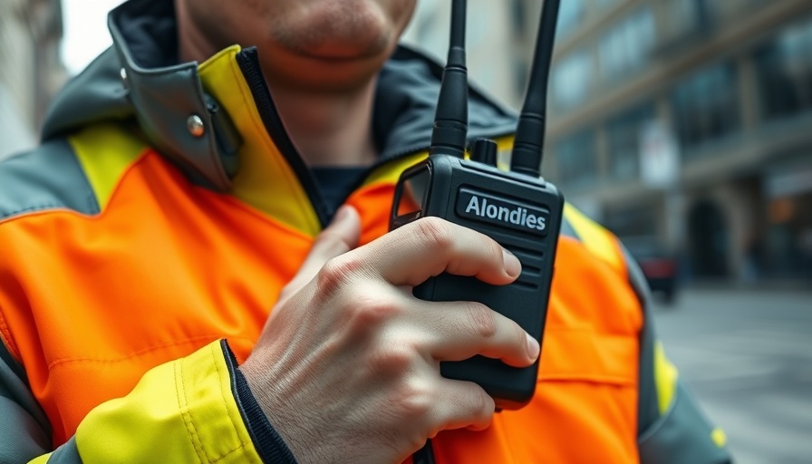 Person in high-visibility jacket with radio, urban setting.