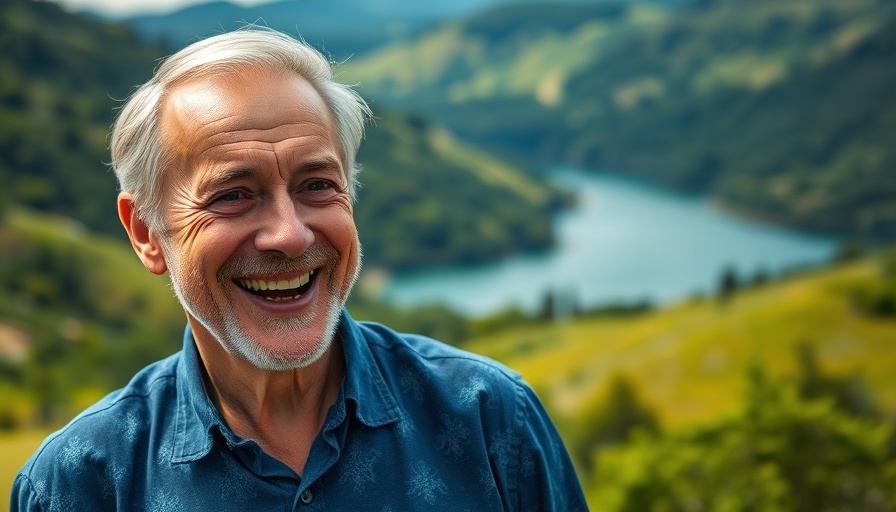 Smiling man outdoors against green landscape, engaging in local elections.
