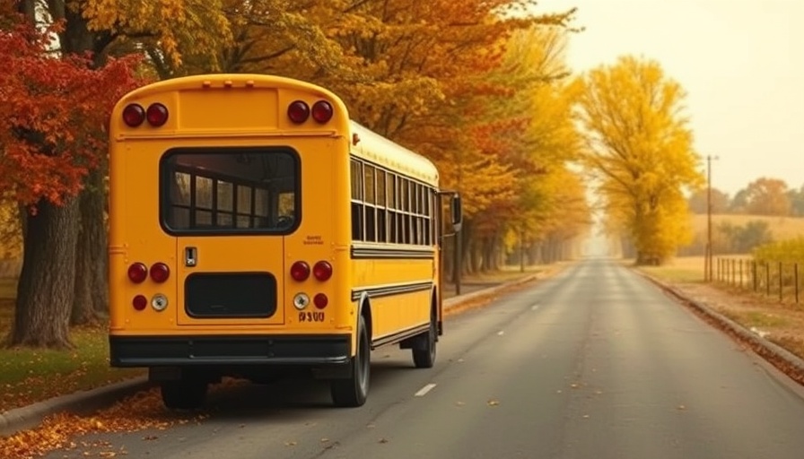 Yellow school bus parked on a quiet rural autumn road.