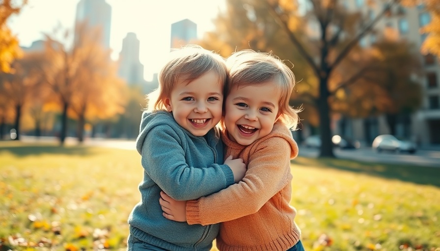 Twinning Gefeillio toddlers embracing in urban park.
