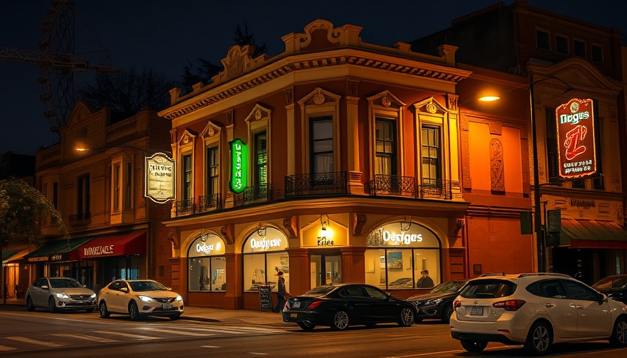 Abergavenny night scene with illuminated signs on a historic building and parked cars.