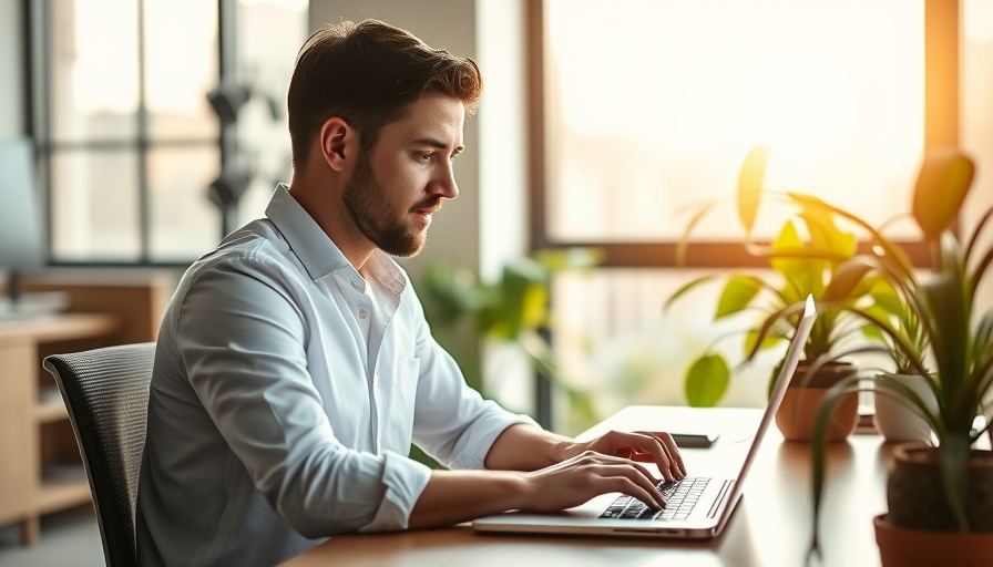 UK worker in office typing on laptop during heatwave.