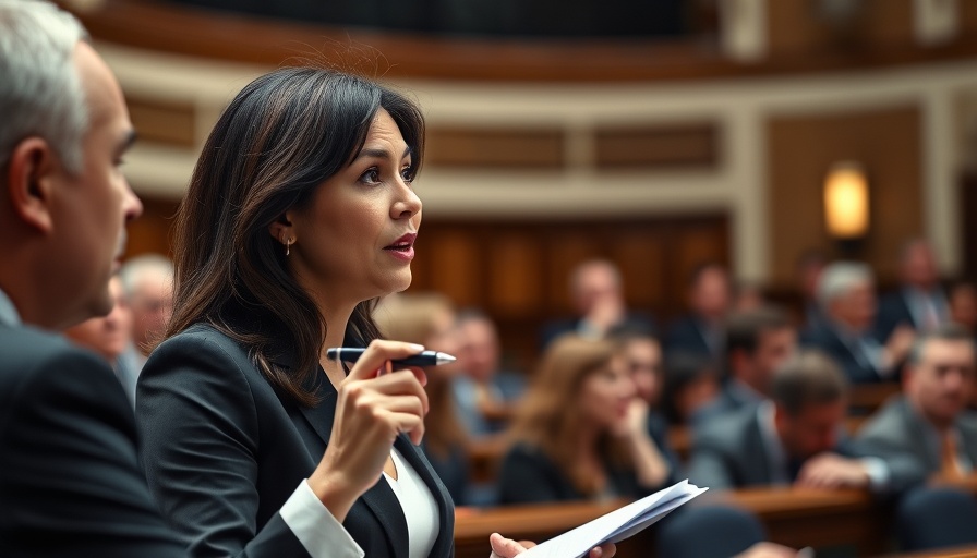 Confident female speaker discussing political change in a chamber.