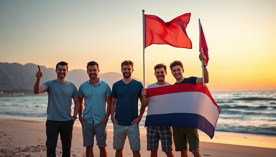 Young men with flags on a beach at sunset.