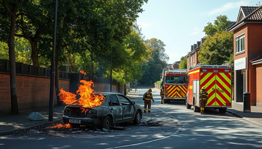 Abergavenny car fire scene with firefighters on a sunny day