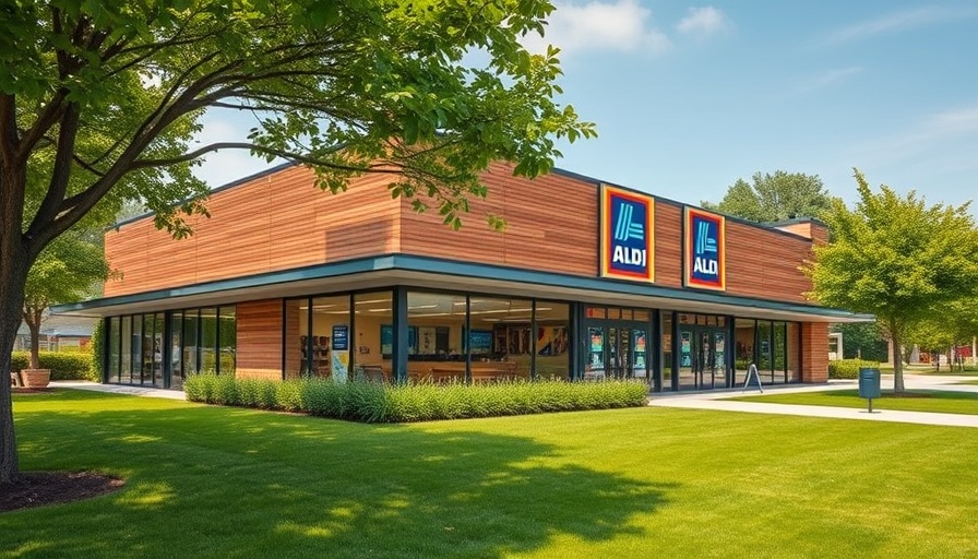 Modern Aldi supermarket exterior with greenery, showcasing inviting atmosphere.