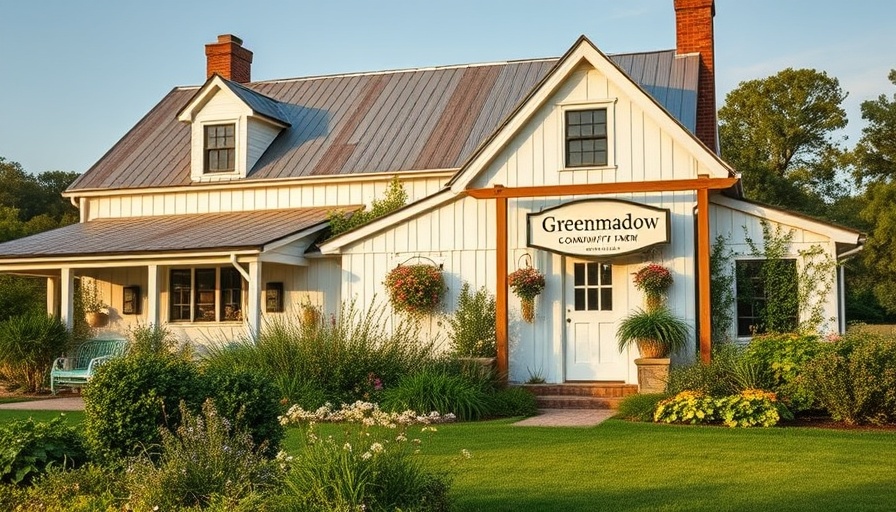 Greenmeadow Community Farm with welcoming sign, rustic farmhouse, lush surroundings.