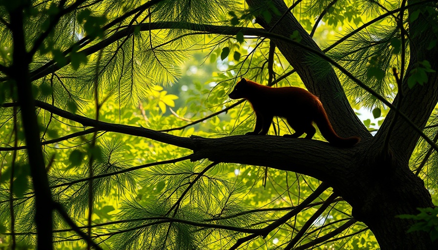 Natural woodland scene with pine marten silhouette on a tree branch.