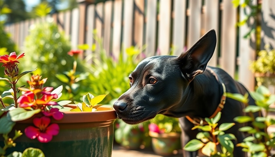 Curious black dog near potted plant in a sunlit garden.