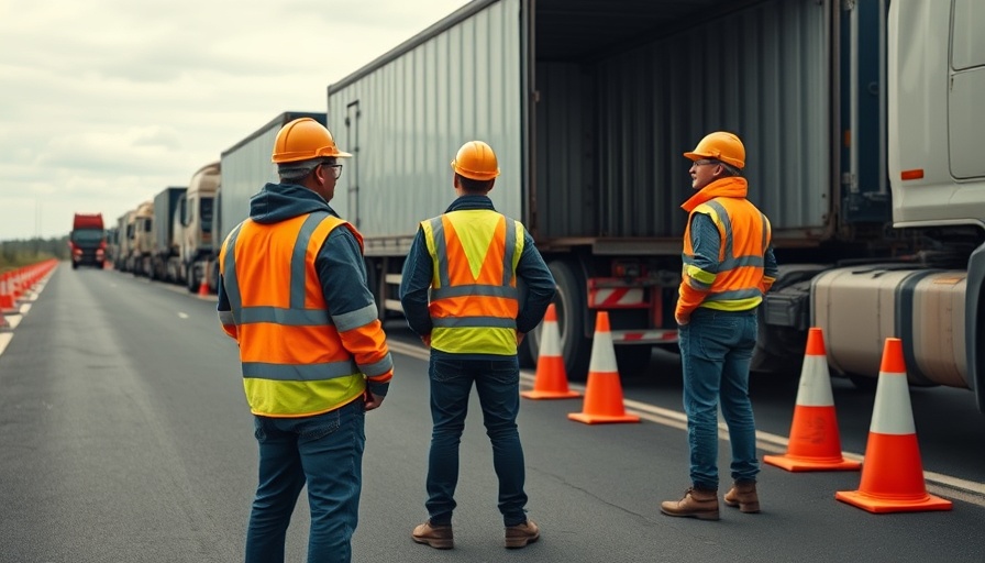 Workers in high-vis jackets inspect lorries after Severn Bridge weight limit lifted.