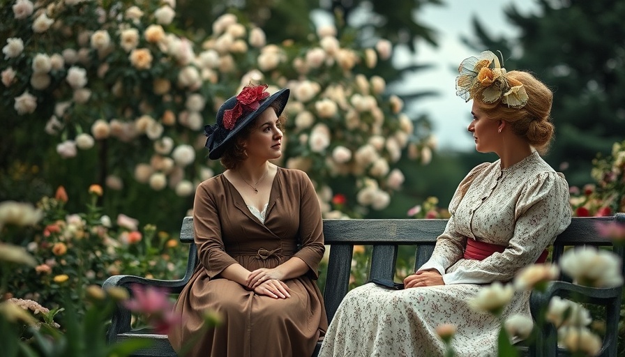 Two Victorian women talking on a garden bench with flowers in view.