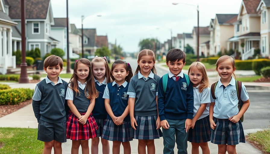 Children walking to school after bus withdrawal, standing on a sidewalk.