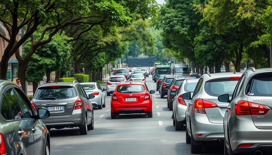 Busy street scene with cars on a tree-lined road.