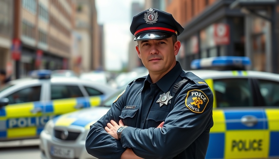 Police officer with crossed arms in front of police cars related to Newport court cases.