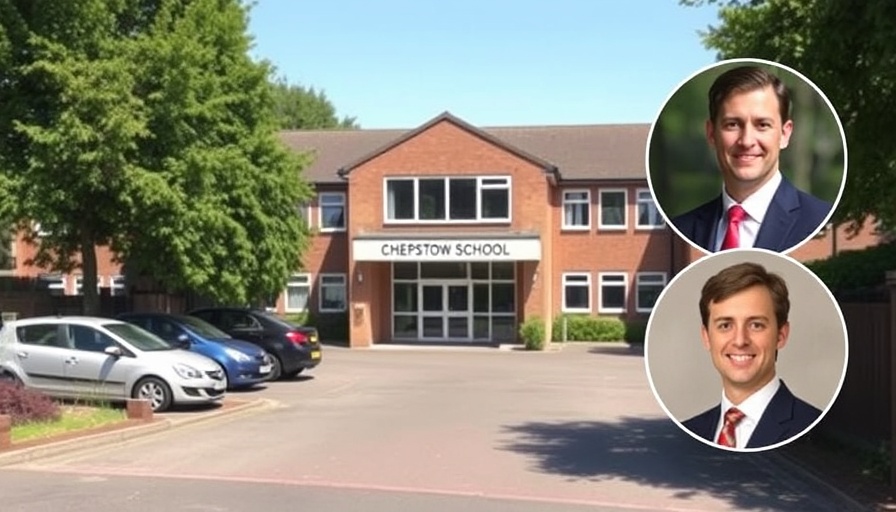 Chepstow School entrance sign and parking lot, surplus school places in Chepstow and Monmouth.