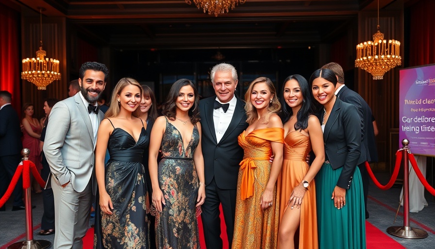 Elegant group smiling on red carpet at BAFTA awards event.