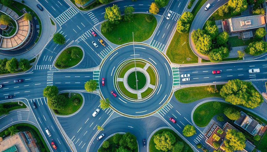 Aerial view of Whatawhata roundabout with vehicles and greenery.