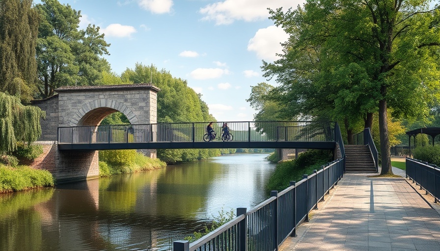 Abergavenny Active Travel Bridge over a river with greenery