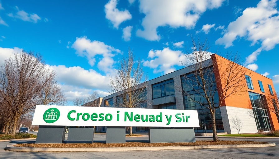 Monmouthshire County Hall entrance sign with modern architecture.