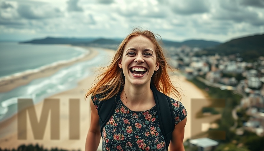 Raglan Movies Screenings, smiling woman with scenic beach and city backdrop.