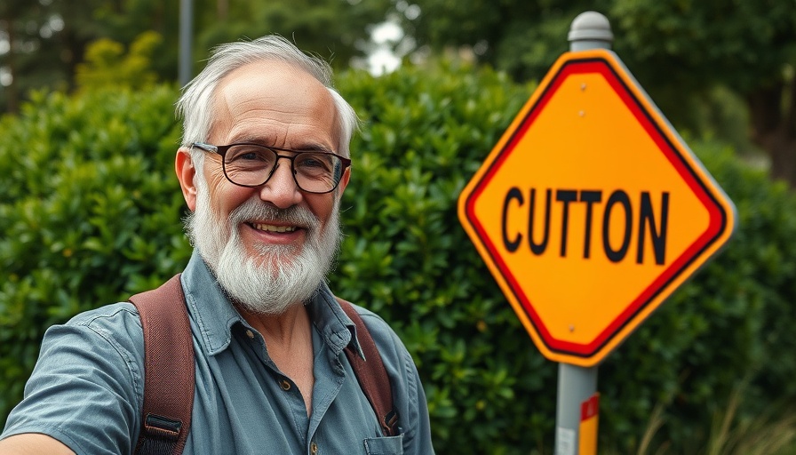 Elderly man next to construction traffic sign, Penpergwm solar farm traffic plan.