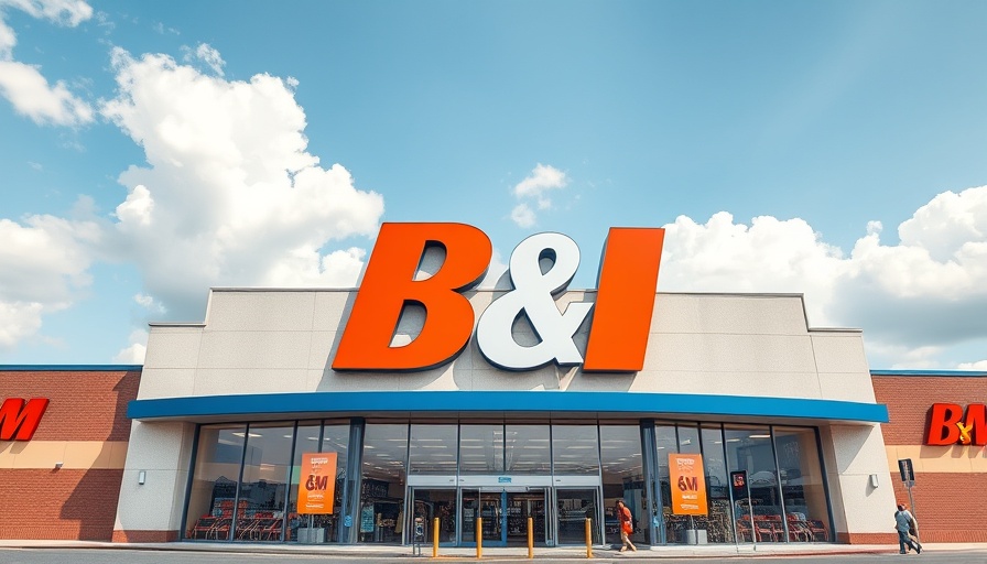 B&M store facade with iconic orange and blue sign under a clear sky.