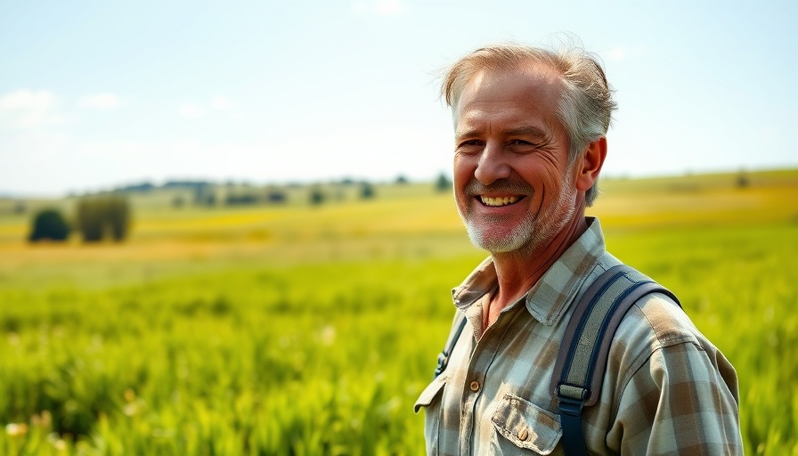 Man outdoors in a field, serene with bright sky.