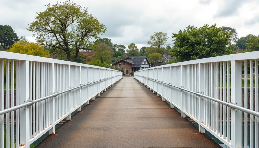 Empty pedestrian bridge with cloudy skies in Gwent.