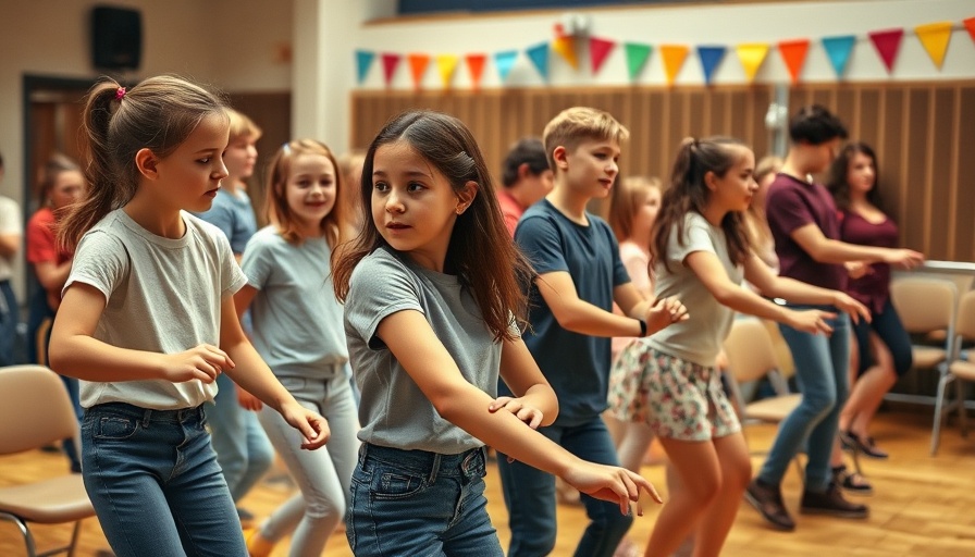Youth rehearsing for Grease production in a hall with colorful bunting.