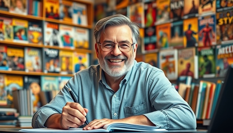 Man smiling at desk with graphic novels in background.