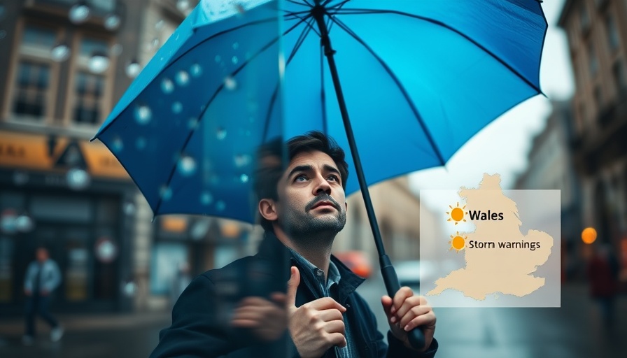 Yellow weather warnings Wales Storm Amy with raindrops and map.
