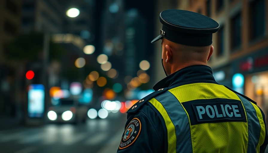 Police officer patrolling a night street with blurry lights reflecting.